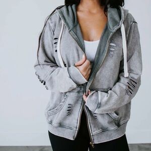 Lily & Lottie Presley Distressed Acid Wash Hooded Full Zip size small